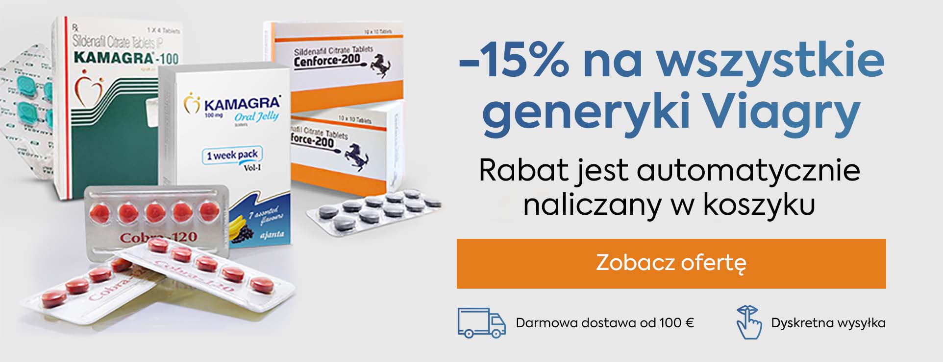 Werbebanner mit 15 % Rabatt auf Viagra-Generika
